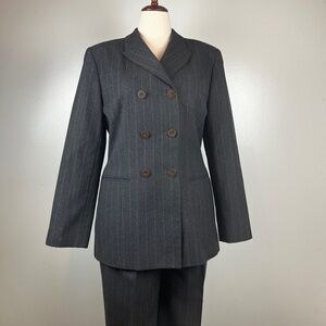 Vintage 100% Wool Suit L 12 Gray Stripped Blazer Jacket Pants Set Harve Benard